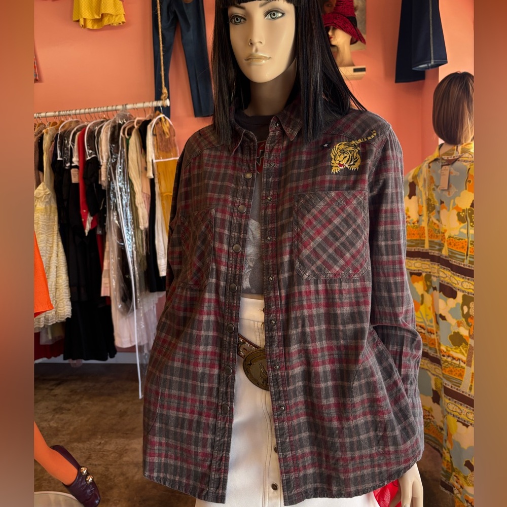 Free People Gray and Red Plaid Utility Jacket